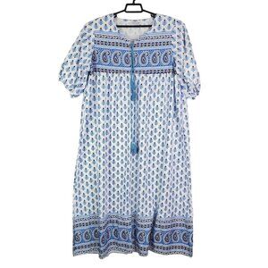 Womens Blue & White Miss Look Prairie Dress Midi ShortSleeve V Neck Tie 3XL